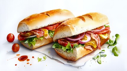 Two Watercolor Style Baguette Sandwiches With Bacon, Lettuce, Tomato, And Onion