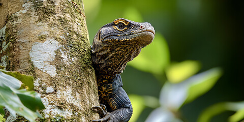 monitor lizard climbing tree trunk, showcasing its unique features and vibrant environment