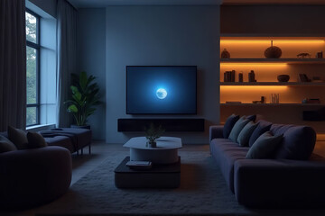 Modern living room with furniture, TV,  and sleek design in an apartment