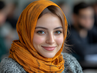 Fototapeta premium young woman wearing orange scarf smiles warmly, showcasing her bright eyes and friendly demeanor in classroom setting