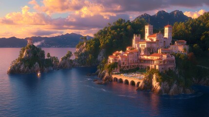 Fototapeta premium Coastal Palace at Sunset with Tower on Islet and Boat on Water.