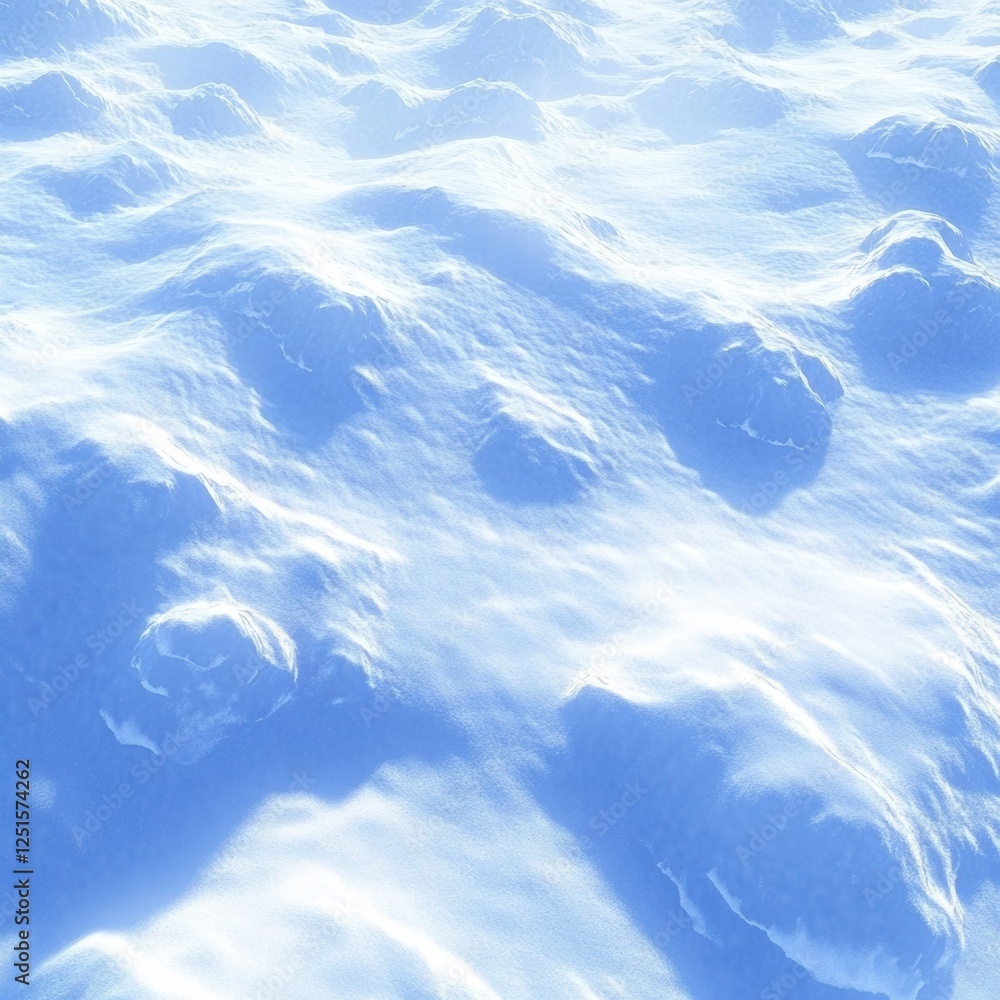 Poster expansive view of undulating snow-covered landscape at dawn revealing soft shadows and subtle blue t