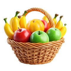 Fluffy 3D Cartoon Fruit Basket with Glowing Apples Isolated on Transparent Background