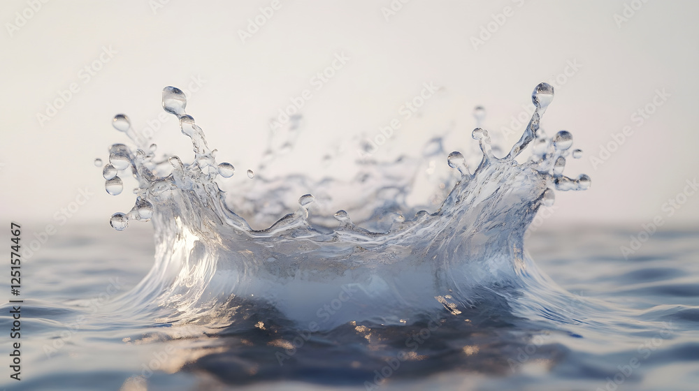 Fototapete dramatic splash of water with cascading droplets and rippling waves against a soft hazy and serene b