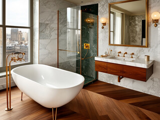 A bathroom in an apartment in Paris, France, designed in a modern classic style. The walls are adorned with light marble tiles, while the floor features dark oak herringbone parquet. 