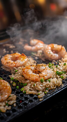 Close-up of rice and shrimp on a hot griddle.