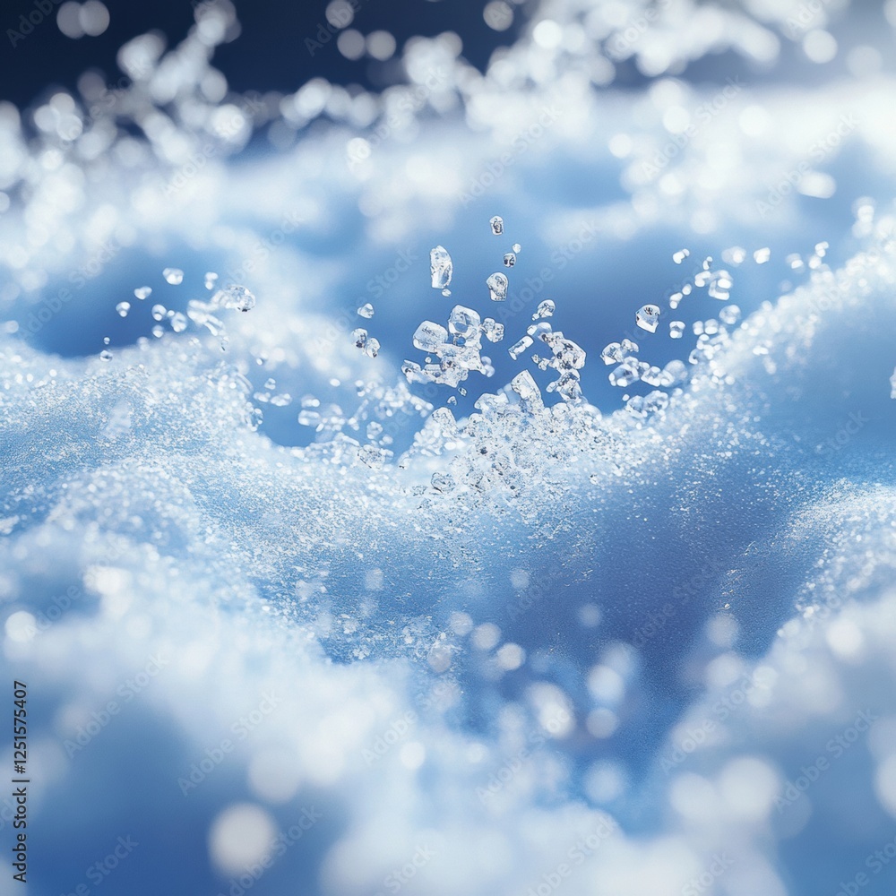 Poster water droplets create a dazzling display against a soft blue background in a serene moment of nature