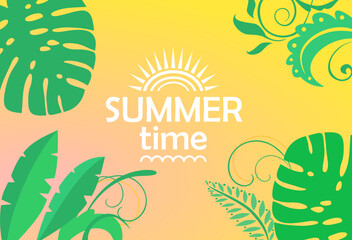 Summery yellow background with green monstera and tropical plants leaves. Summer Time concept, leave space for adding your content or text.eps
