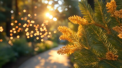 Golden Cones Illuminate Evergreen Branch at Sunset