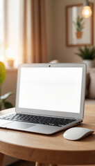Laptop Display Mockup with blank screen on wooden table