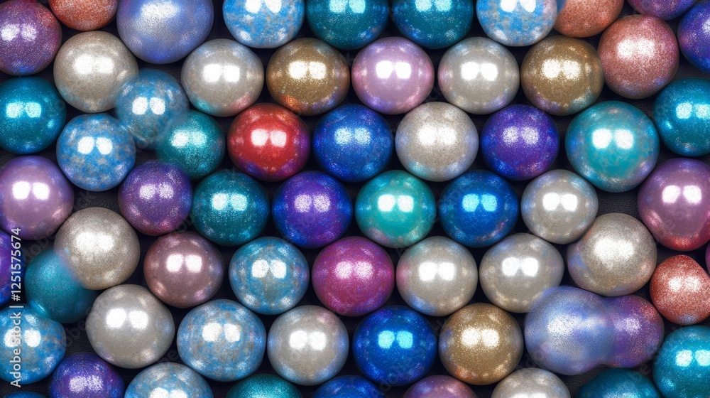 Poster collection of shiny colorful spheres arranged in a grid pattern on a dark surface.