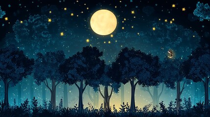 Enchanted Forest Night: Digital Painting of a Moonlit Woodland Scene AI Generated