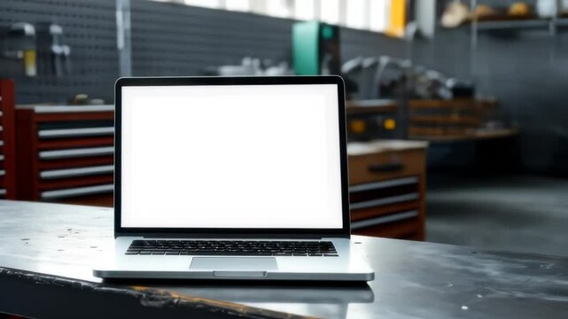 Laptop Mockup in Industrial Workshop Setting
