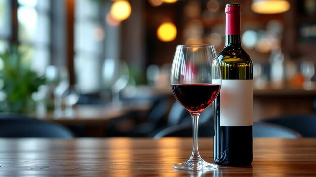 Red Wine Bottle and Glass on Wooden Table in Restaurant