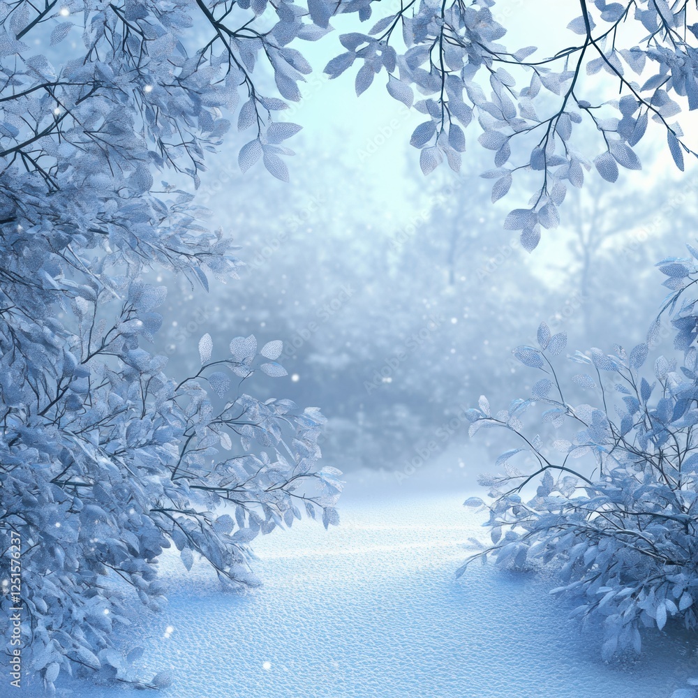 Poster snowy landscape with frosty branches and soft snowfall creating a serene winter atmosphere near a qu