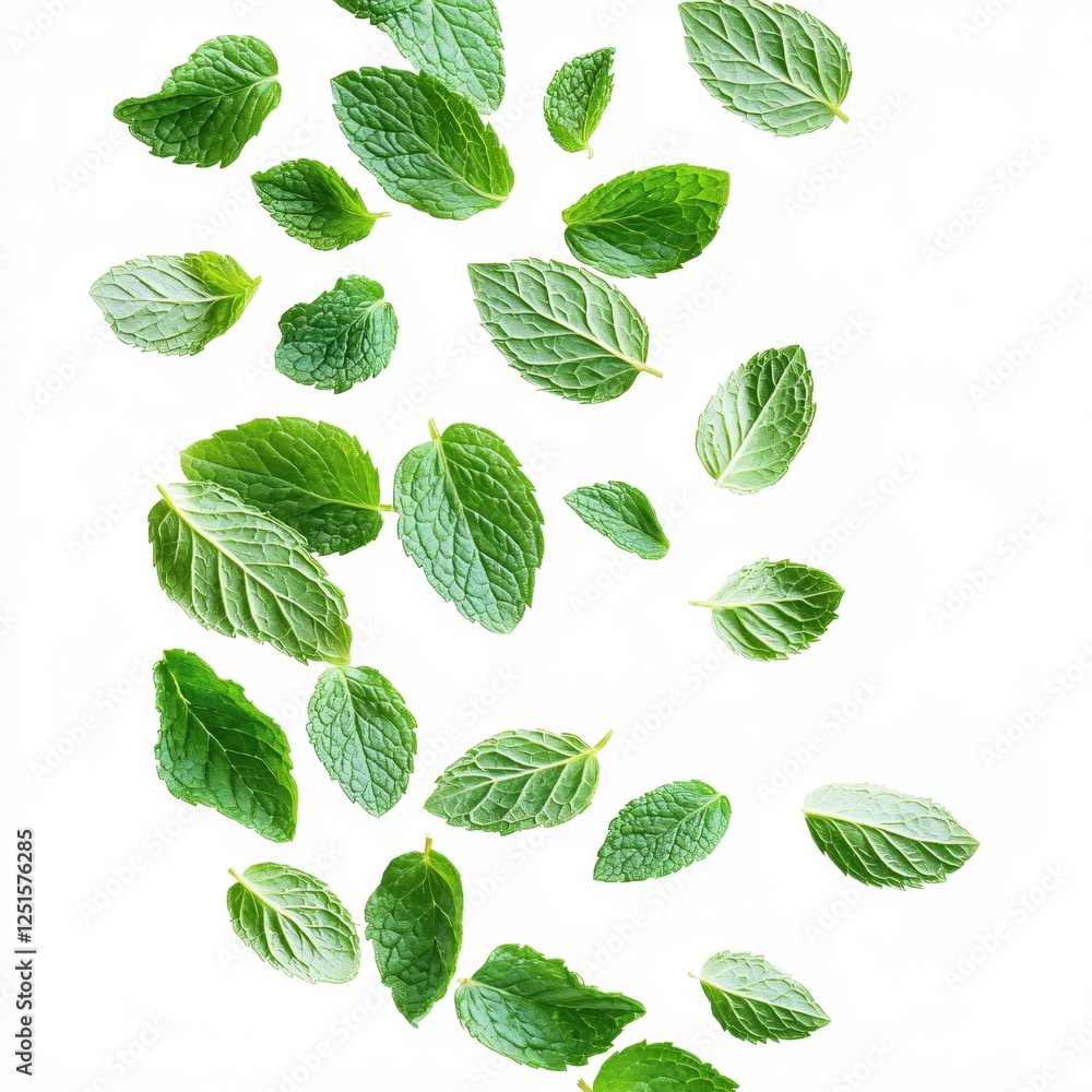 Poster fresh mint leaves falling on white background creating a vibrant and refreshing pattern