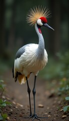 Fototapeta premium A striking crowned crane stands gracefully in a lush forest, showcasing its vibrant plumage and unique crown. Perfect for nature, wildlife, and conservation themes.