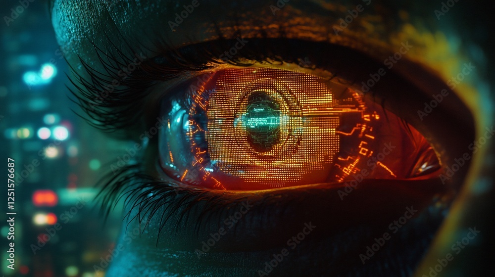 Poster cyberpunk eye digital enhancement futuristic technology closeup of a glowing eye with intricate digi