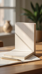 Open Card mockup with blank pages on wooden table