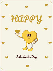 Valentine's Day Card, Cute Heart, Golden Heart, Heart Character, Moscott Heart, Groovy Style