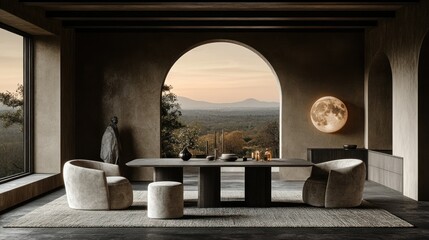 Modern dining room, sunset view, minimalist design, arched window, luxury home