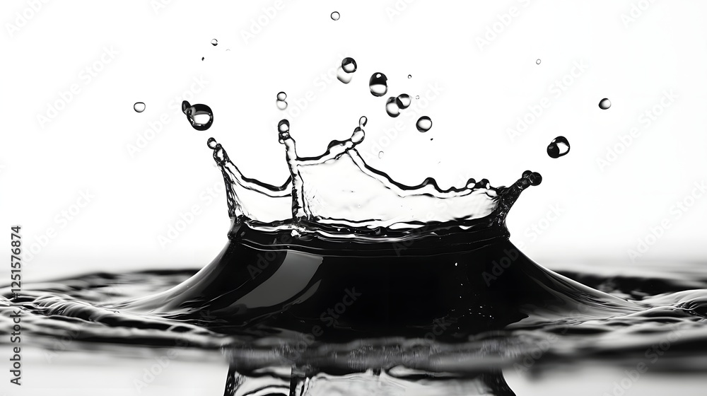 Poster Dramatic water splash captured in monochrome showcasing the dynamic fluid motion of the liquid with abstract reflections transparent droplets and minimalist silhouettes