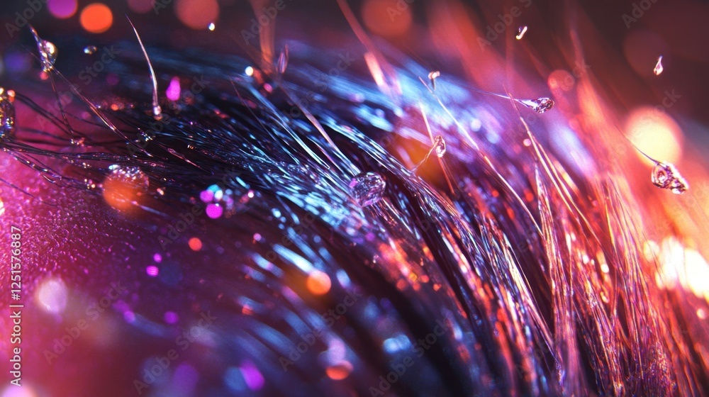 Poster close up macro image capturing the intricate details of hair strands illuminated by colorful, shimme