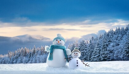 Obraz premium snowmen standing in winter christmas landscape winter background