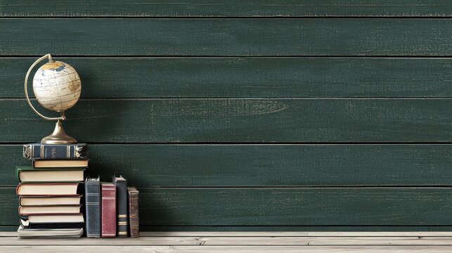 Books, globe on dark wood wall, study background, learning resource