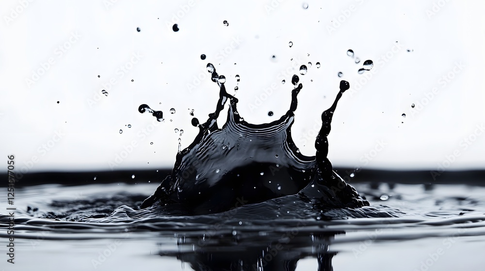 Poster Dramatic water splash captured in motion against a dark black background creating a dynamic abstract visual with flowing liquid effects droplet shapes and a powerful energetic look