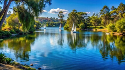 A serene lake surrounded by lush greenery and tall trees, with a few sailboats gliding across the water