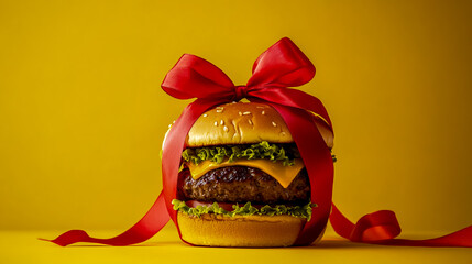 A hamburger wrapped with a red ribbon like a gift, set against a yellow background.