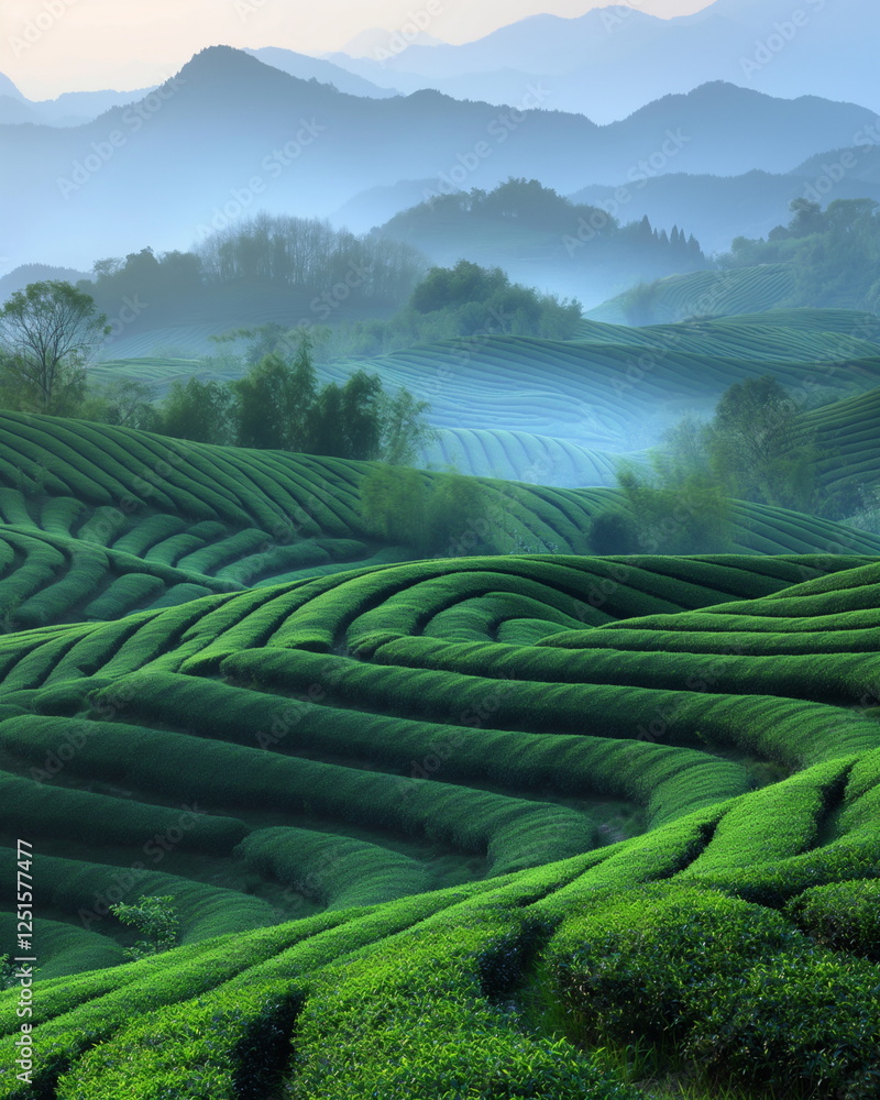 Poster endless emerald rows of tea bushes smoothly spread_006