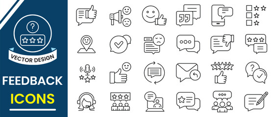 Feedback, review line icons set. Customer review rating icon set. Feedback, rating, response, satisfaction, review, web icons set.  Five star rating, review icon vector illustration.