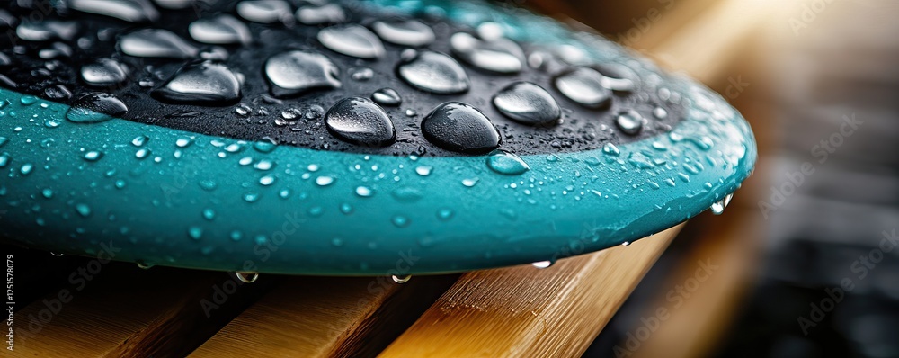 Poster a close-up of a water-covered teal object resting on a wooden surface, showcasing the interplay betw