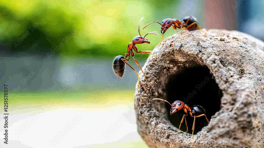 Poster three ants interact around a textured structure, showcasing their teamwork and curiosity in a vibran