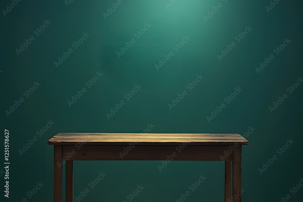 Poster rustic wooden table against a dark teal background with soft lighting for product display