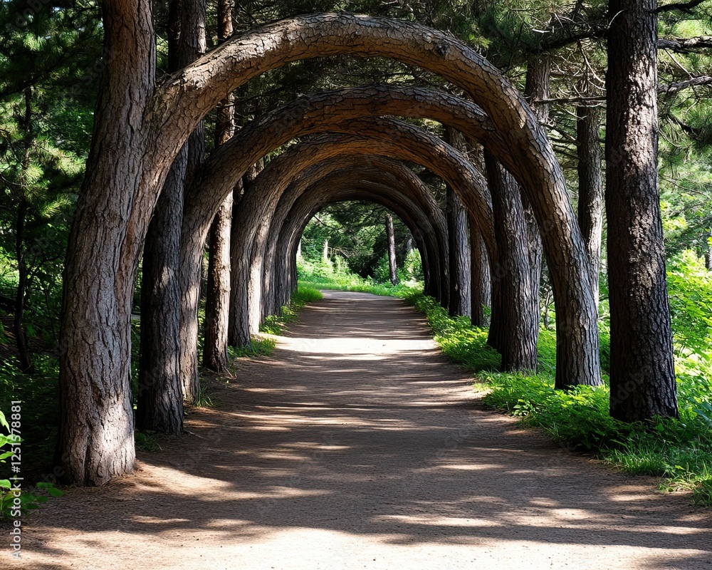 Poster a serene forest pathway lined with arching trees, creating a natural tunnel effect, inviting explora