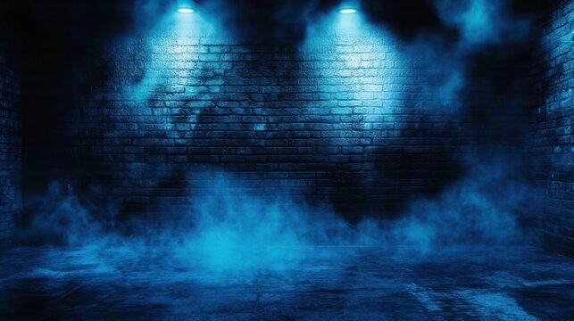 Blue-lit brick alleyway, smoky, night, background, design