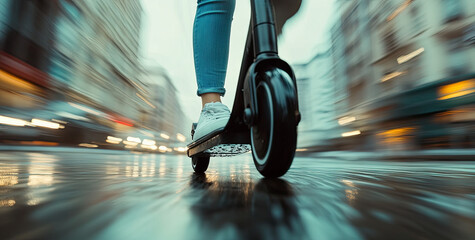Woman riding black electric kick scooter in city, close up with motion blur