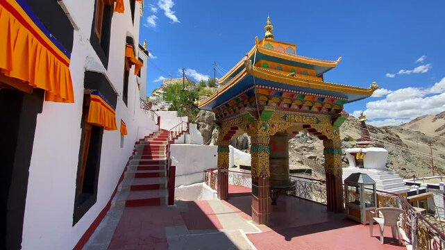 Spituk Monastery with a view of the Himalayas mountains. Spituk Gompa is a famous Buddhist temple in Leh, Ladakh, India.