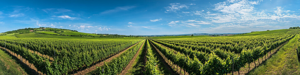 Sunny Vineyard with Green Rows Under a Bright Sky