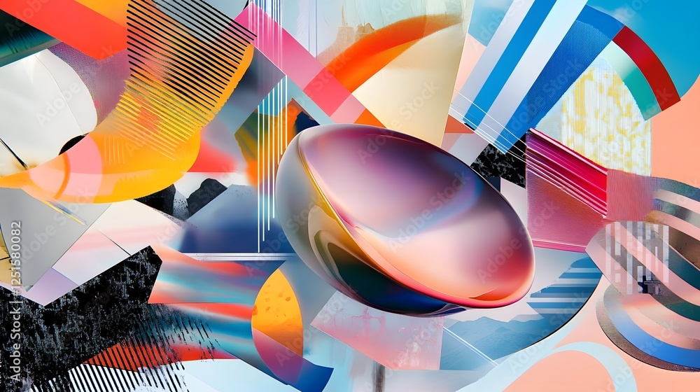 Poster dynamic geometric abstract art collage with vibrant colors and fluid shapes