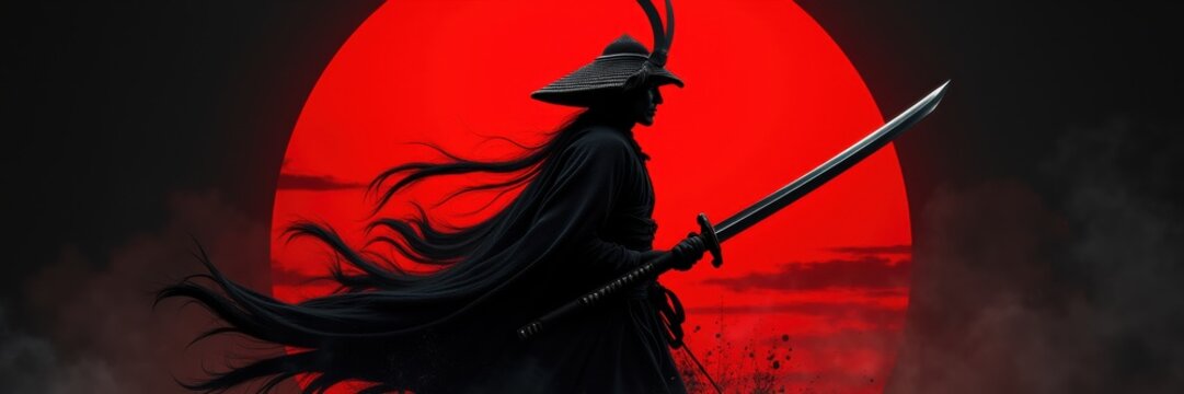 A striking silhouette of a warrior against a blood-red sun, evoking themes of honor and strength. Ideal for adventure, fantasy, and martial arts visuals.