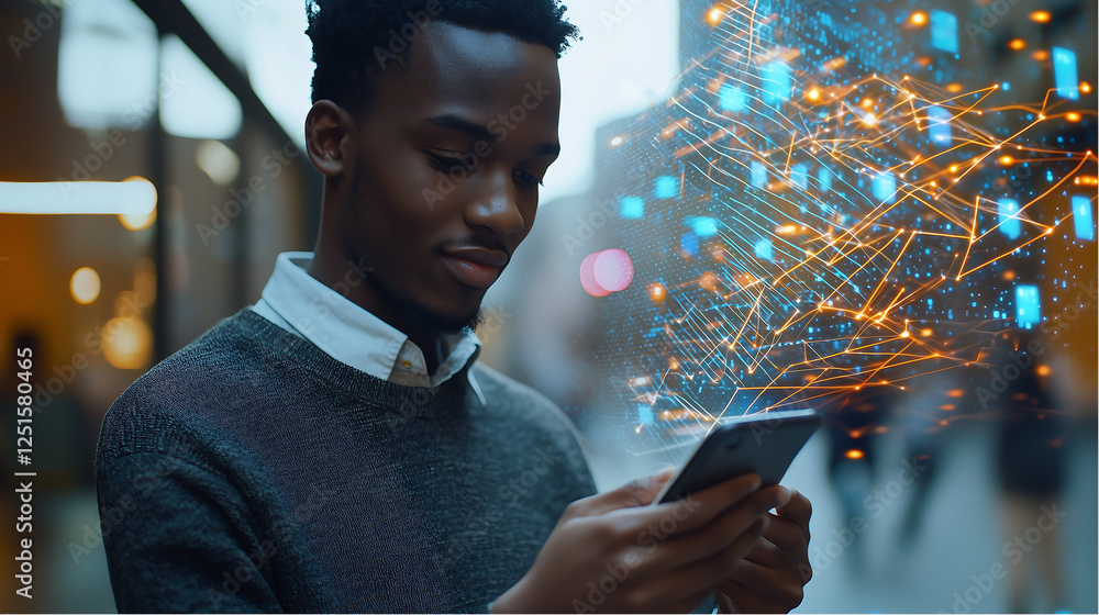 Poster young professional man using smartphone with futuristic digital data network overlay in urban enviro