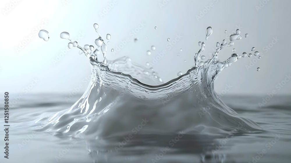 Poster Dynamic liquid splash with water droplets and waves creating an energetic and powerful movement on a transparent and reflective water surface  The image showcases the beauty