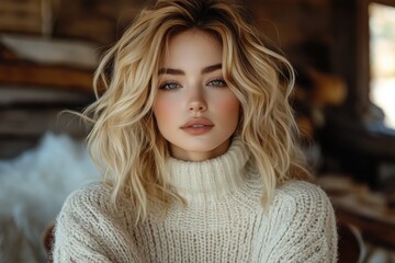 Young woman with wavy blonde hair wearing a cozy sweater surrounded by warm, rustic decor in a serene indoor setting. Generative AI