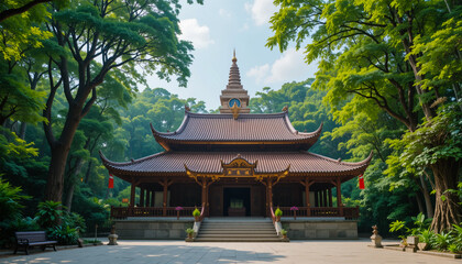 Obraz premium Tranquil Temple Retreat – A serene Buddhist temple nestled in lush greenery, radiating peace and harmony.
