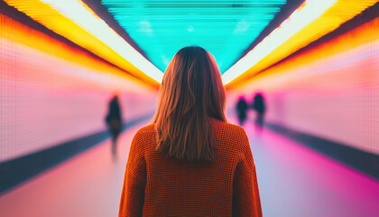 woman stands in vibrant, colorful tunnel with blurred figures ahead