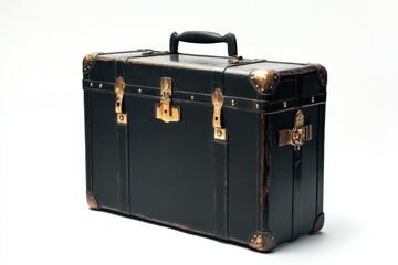 A black antique trunk with brass details is centered